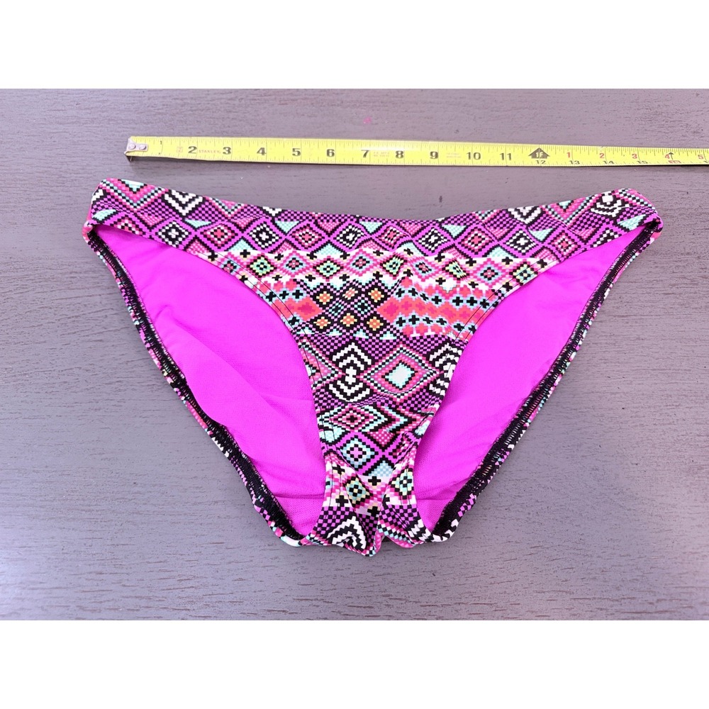 F&F Pink Purple Geometric Tribal Print Bikini Bottoms Size 10 Low Rise Swimwear